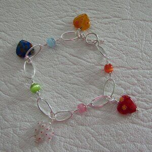925 Sterling Silver Glass Beads and Heart Charms Bracelet - NEW